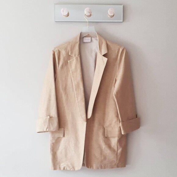 NWT Saiph gold tone metallic sheen shimmer tan camel brown open front blazer, L - Picture 7 of 10